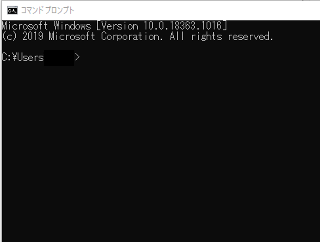 Windowsのコマンドプロンプト起動画面。Microsoft Windows バージョン10.0.18363.1016が表示されており、C:¥Users>のプロンプトが表示されている。