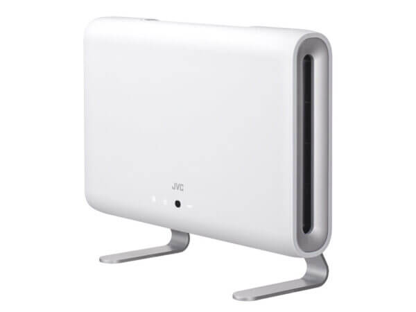 白い筐体にシルバーのスタンドが付いた、薄型でスタイリッシュなJVC製の光触媒除菌脱臭機。
