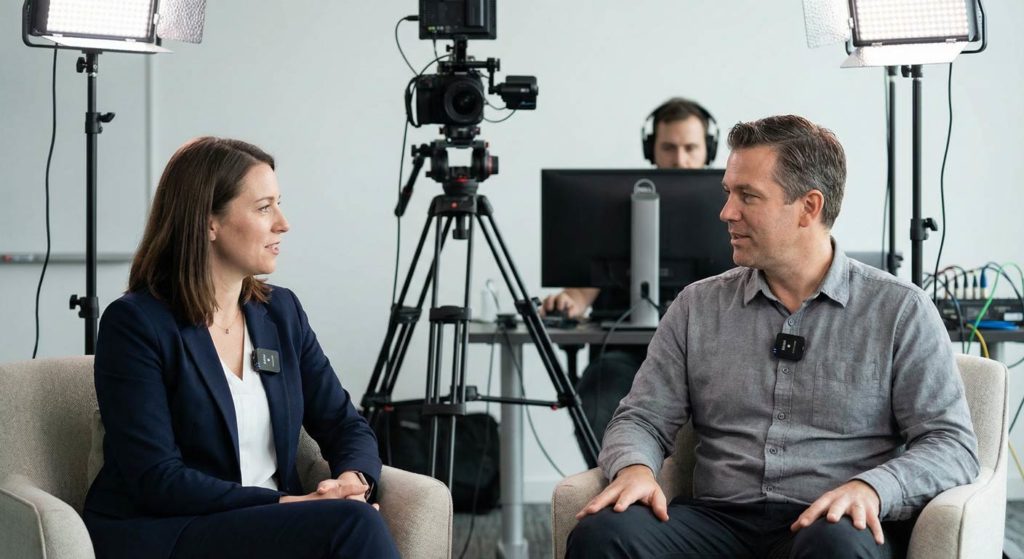 ワイヤレスマイクを装着して対談撮影を行う2人の様子