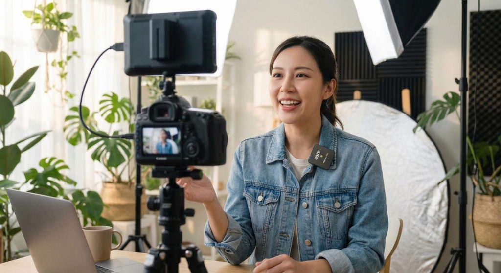 ワイヤレスマイクを使用してVlog撮影を行うクリエイターの様子。