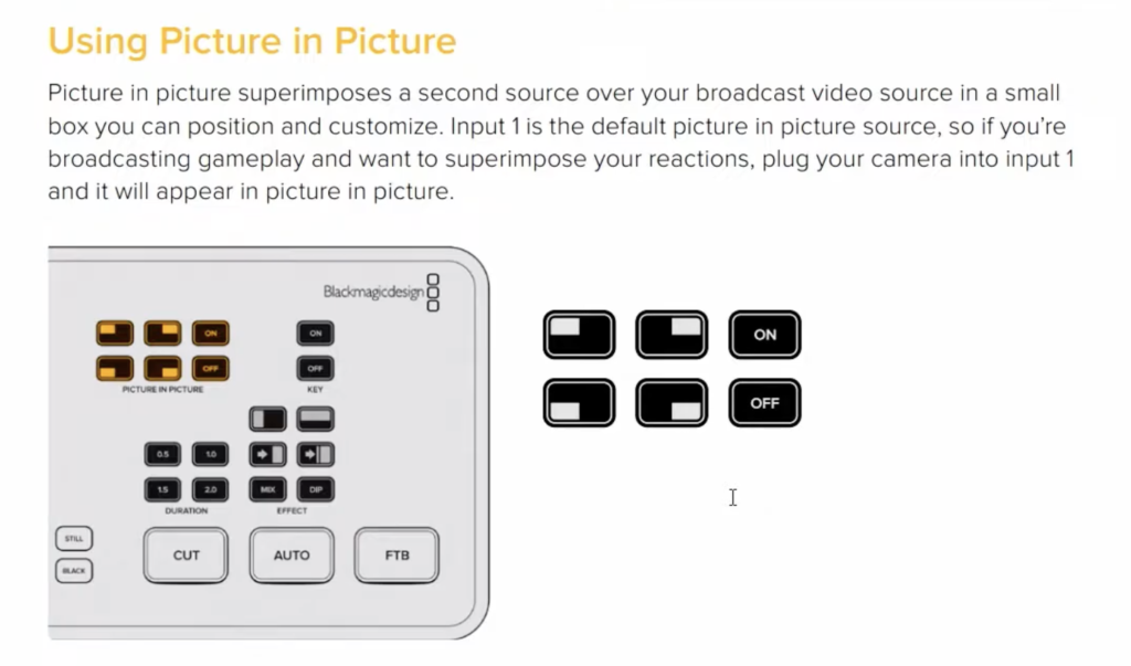 ATEM Miniマニュアルに記載されたPicture in Picture機能の説明と、コントロールパネルのPICTURE IN PICTUREボタン（ON/OFF）の図解