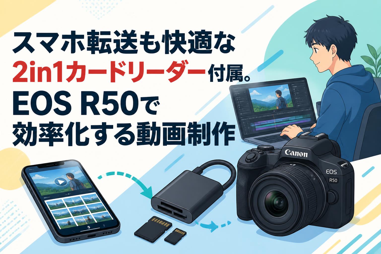 スマホ転送も快適な2in1カードリーダー付属。EOS R50で効率化する動画