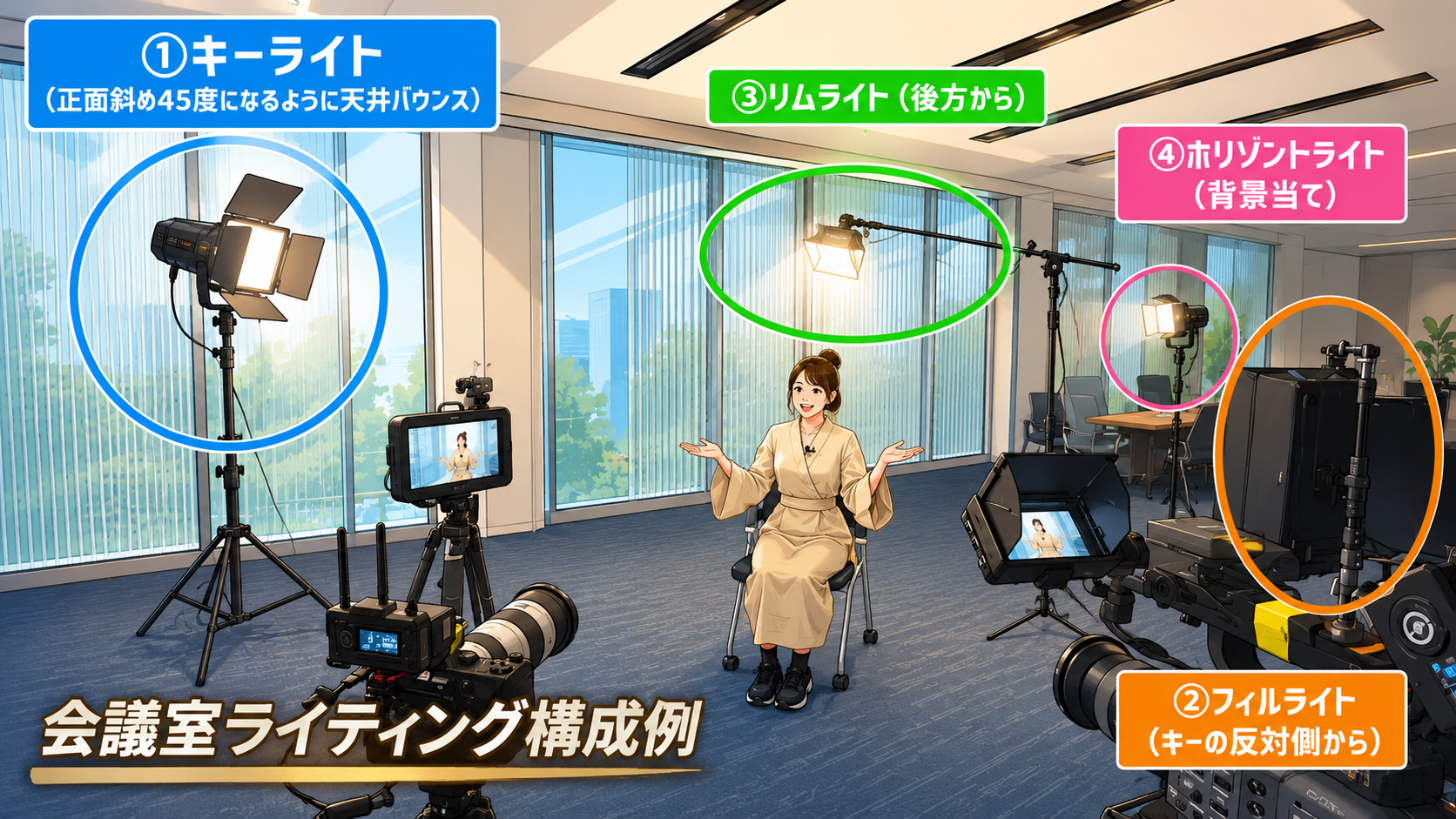 会議室インタビューを自然に見せる照明術。天井バウンスと3点 