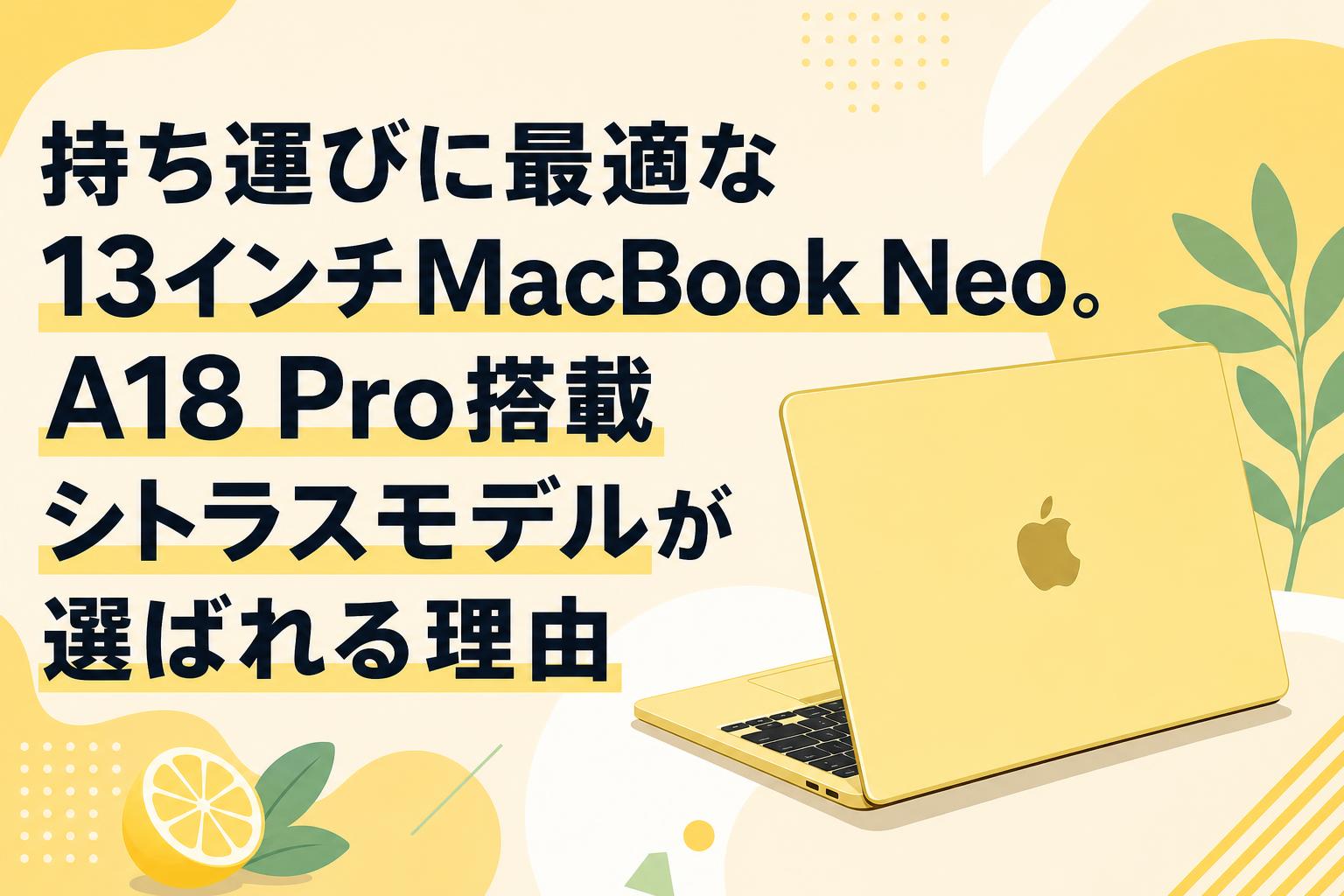持ち運びに最適な13インチMacBook Neo。A18 Pro搭載シトラスモデルが