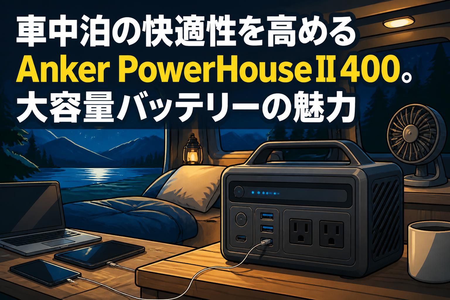 車中泊の快適性を高めるAnker PowerHouse II 400。大容量バッテリーの 