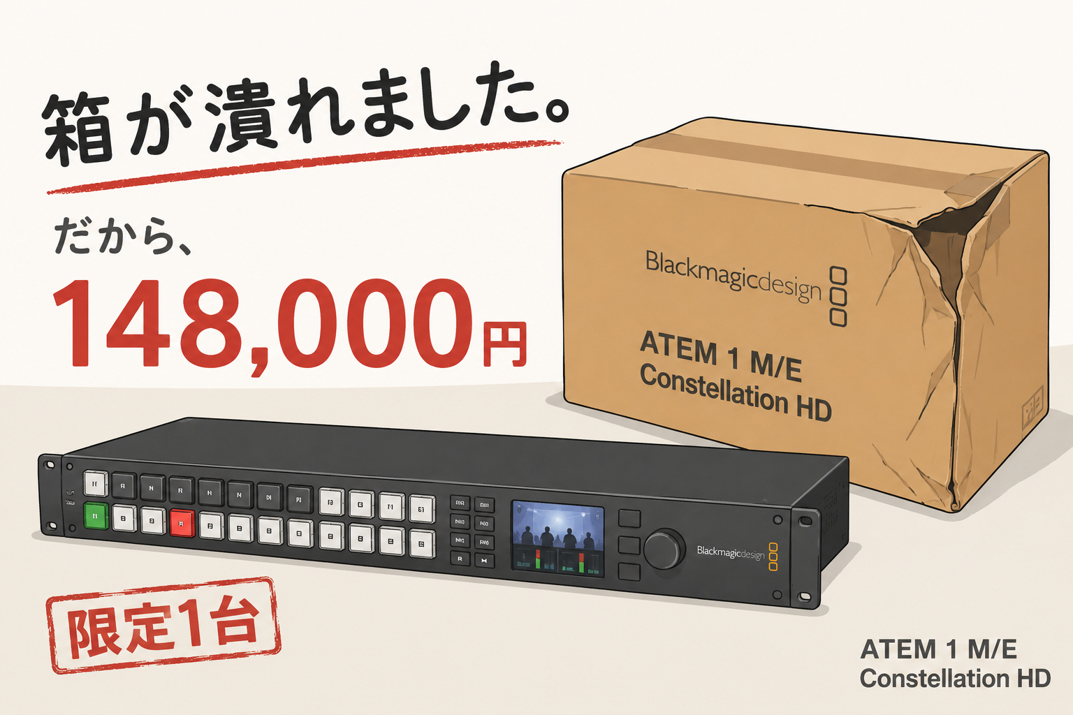 箱が潰れました。でも中身は新品です。ATEM 1 M/E Constellation HDを