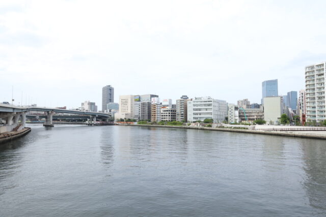 川沿いの街並みを広角で撮影した写真。水辺や橋、建物が広い範囲に収まり、遠くまで見渡せる風景が写っている。