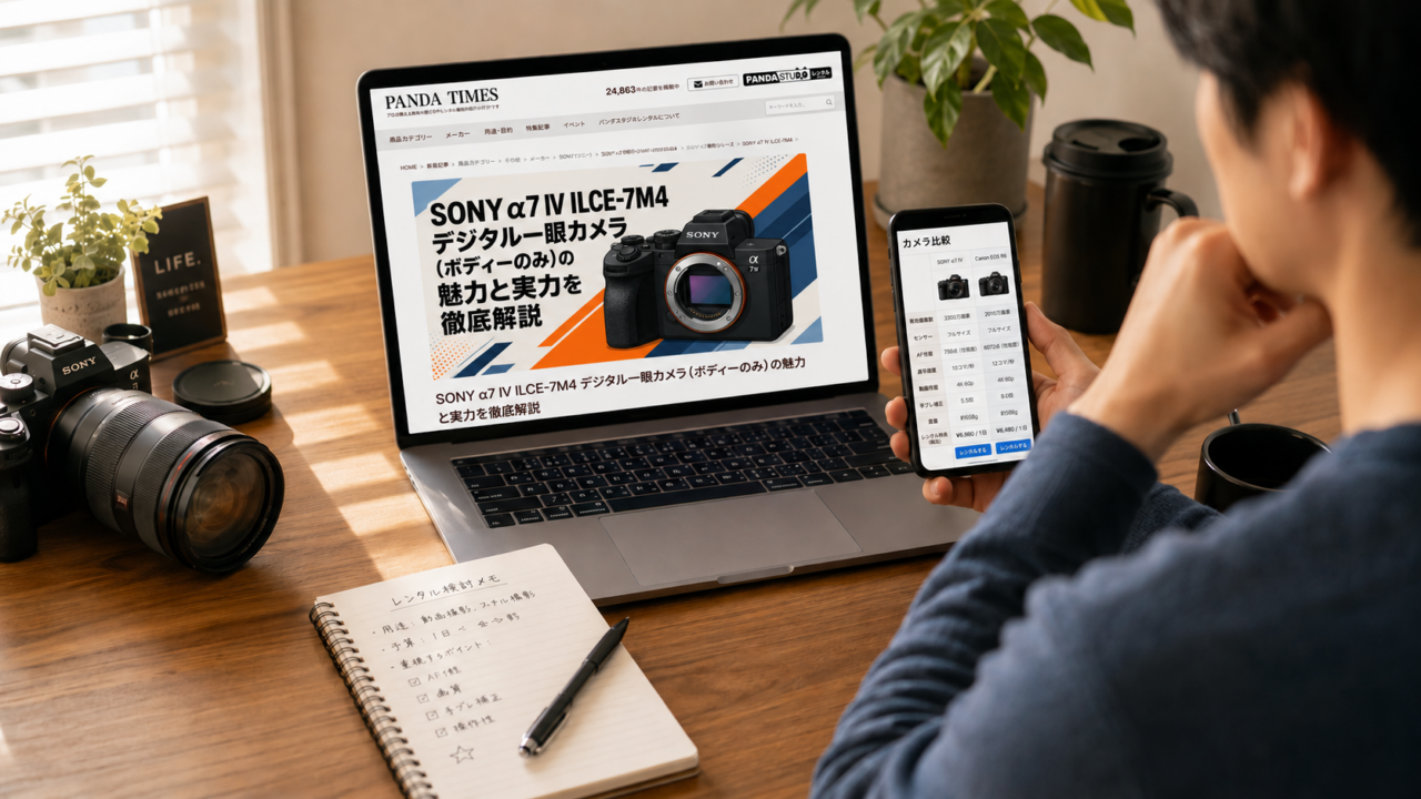 ノートパソコンとスマートフォンでPANDA TIMESのカメラ機材記事を調べている男性。デスクにはSONYのカメラとレンズ、レンタル検討メモも置かれている。