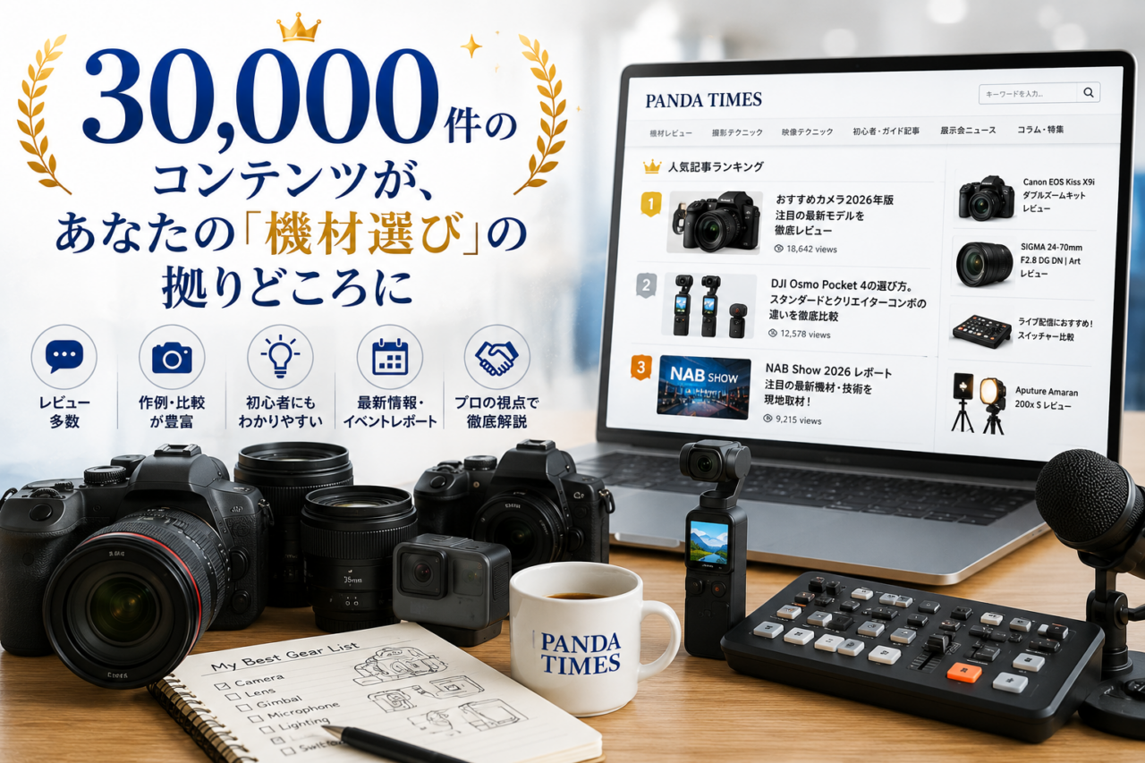 「30,000件のコンテンツが、あなたの『機材選び』の拠りどころに」という見出しと、PANDA TIMESのサイト画面、カメラ・レンズ・Osmo Pocket・スイッチャー・マイクなどの撮影機材を並べたイメージ。
