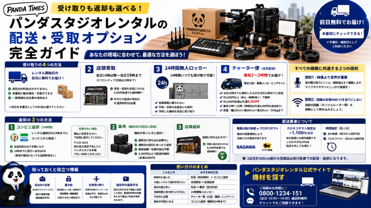 受け取りも返却も選べる。パンダスタジオレンタルの配送・受取オプション完全ガイド受け取りも返却も選べる。パンダスタジオレンタルの配送・受取オプション完全ガイド