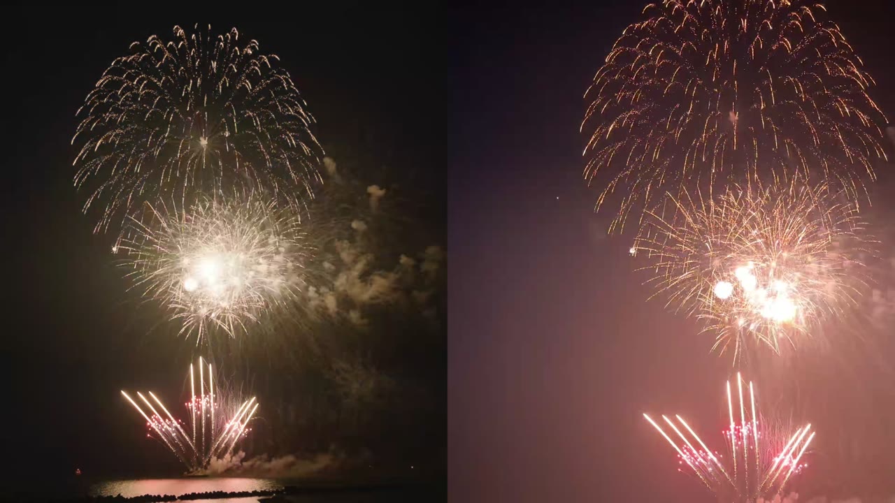 同じ一発の花火を左右に並べた比較。左はOsmo Pocket 4PのD-Log 2にLUTを当てたもので夜空が黒く火花の色が残る。右はiPhone 14 Proの手持ちで、夜空が明るく持ち上がり芯が白く飛んでいる
