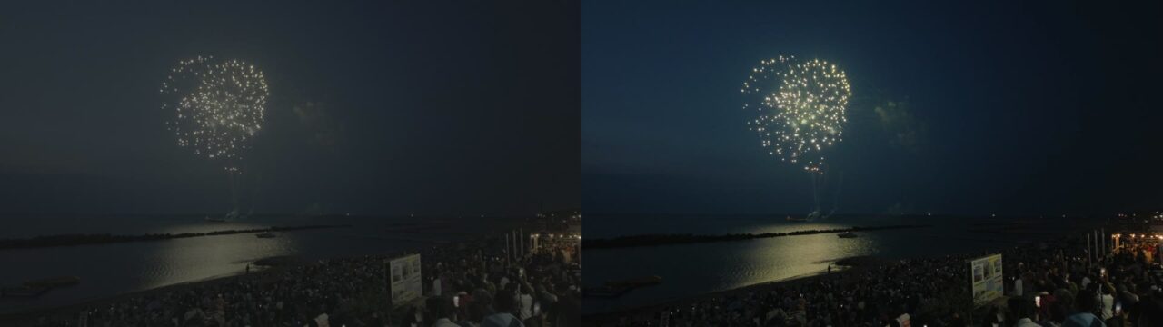 同じフレームのD-Log 2撮って出し（左）とLUT適用後（右）。左は灰色に眠く、右は夜空が締まって花火の色が出ている