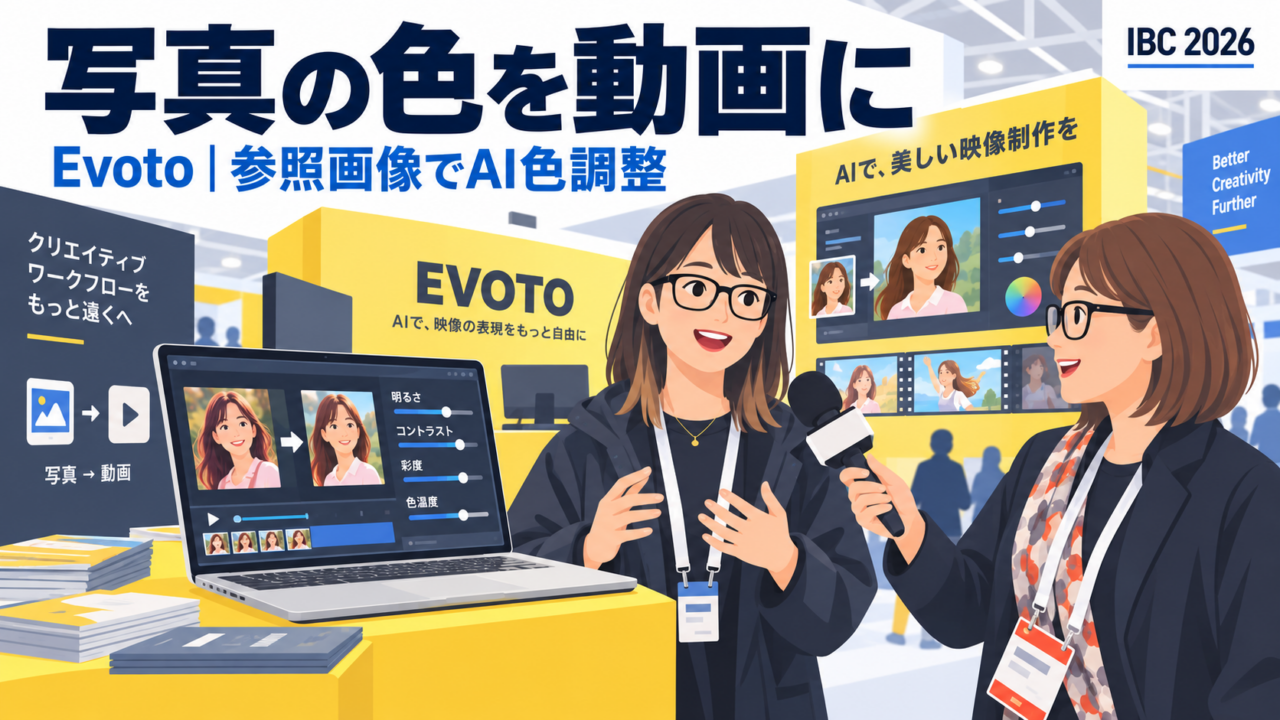 Evotoの動画編集ソフト。参照画像を入れるとAIが色調を合わせ、人物レタッチはスライダーで。写真レタッチのEvotoが動画へ｜IBC 2026 アムステルダム