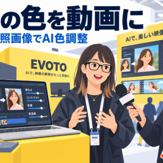 Evotoの動画編集ソフト。参照画像を入れるとAIが色調を合わせ、人物レタッチはスライダーで。写真レタッチのEvotoが動画へ｜IBC 2026 アムステルダム