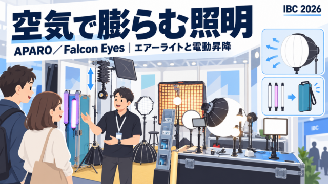 APARO／Falcon Eyesのブース。空気で膨らむエアーライト、リモコンで電動昇降するパンタグラフ、カバンに3本入るフルカラーチューブ。全部パンダスタジオ
