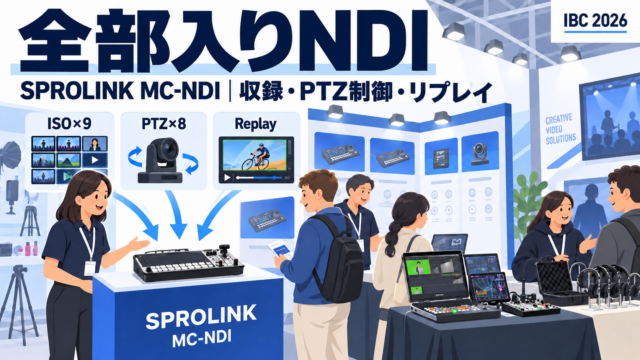 SPROLINKの主力MC-NDI。NDI×8＋HDMI×4＋SDI×4、9系統のISO収録、PTZ8台制御、リプレイまで1台に。ノートPC型のN8Sと、年末予