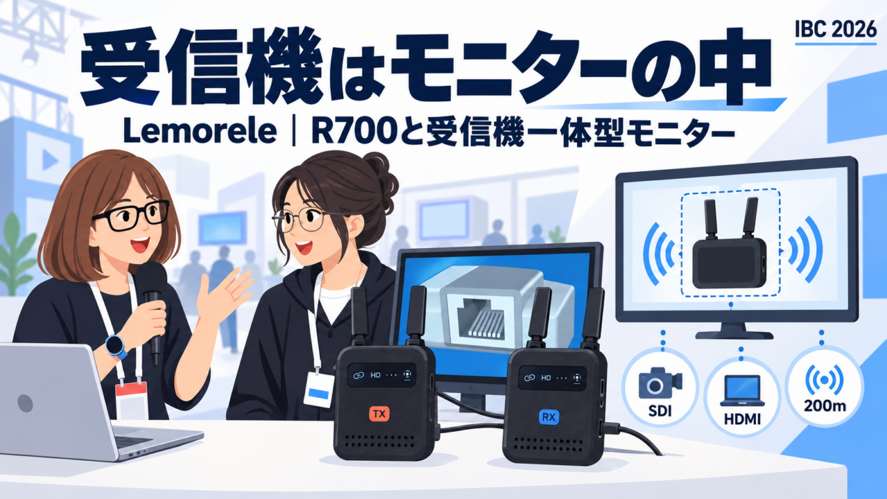 Lemoreleの新製品はSDIも入るワイヤレス映像伝送R700と、受信機を内蔵したモニター（伝送200m）。日本で人気のスマホ給電ワイヤレスHDMI P400と、Switch用に生まれた4K・8K対応USB-C→HDMIケーブル｜IBC 2026 アムステルダム取材 #26