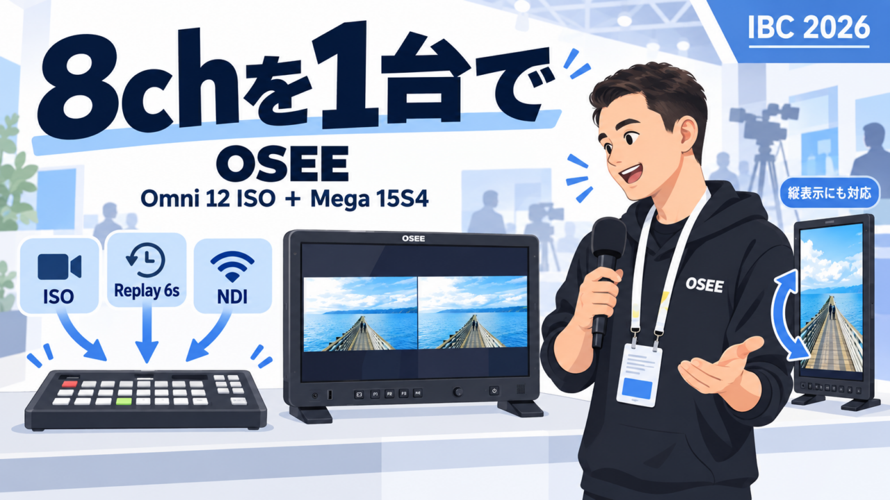 OSEEの新モニターMega 15S4は1500ニットのIPS Black、SDI×3＋HDMI×3で縦置きにも回せる。8ch 4KスイッチャーOmni 12 ISOは6秒リプレイ、ISO収録、NDIカメラ制御、スコアボードまで1台に｜IBC 2026 アムステルダム取材 #29