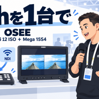 OSEEの新モニターMega 15S4は1500ニットのIPS Black、SDI×3＋HDMI×3で縦置きにも回せる。8ch 4KスイッチャーOmni 12 ISOは6秒リプレイ、ISO収録、NDIカメラ制御、スコアボードまで1台に｜IBC 2026 アムステルダム取材 #29