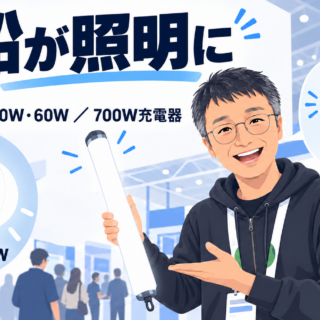 INKEEの社長に聞く。空気で膨らむバルーンライトは30Wに60Wが加わりRGB対応、150W COBのバッテリー内蔵ハンドライト、1ポート140W×5口の700W USB-C充電器、全身を照らす120cmチューブ｜IBC 2026 アムステルダム取材 #31
