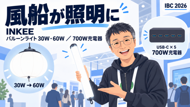 INKEEの社長に聞く。空気で膨らむバルーンライトは30Wに60Wが加わりRGB対応、150W COBのバッテリー内蔵ハンドライト、1ポート140W×5口の700W USB-C充電器、全身を照らす120cmチューブ｜IBC 2026 アムステルダム取材 #31