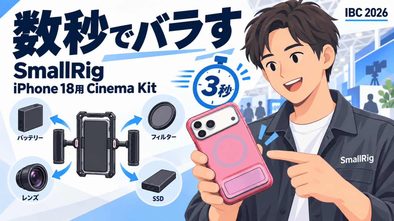 SmallRigのiPhone 18用Cinema Kit。手元を見ずに数秒で分解できるロック式マウント、67mmフィルターと17mmレンズ、アクセサリーの位置をずらせるトラック機構。スタンドがハンドグリップになるケースと押し込むだけのフィルター｜IBC 2026 アムステルダム取材 #33