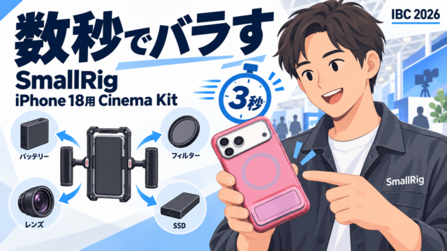SmallRigのiPhone 18用Cinema Kit。手元を見ずに数秒で分解できるロック式マウント、67mmフィルターと17mmレンズ、アクセサリーの位置をずらせるトラック機構。スタンドがハンドグリップになるケースと押し込むだけのフィルター｜IBC 2026 アムステルダム取材 #33
