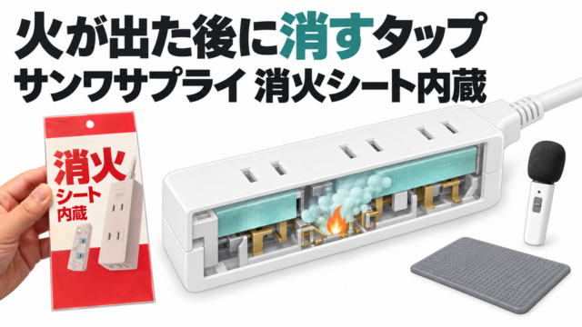 サンワサプライの「火が出た後に消す」消火シート内蔵電源タップ。ポケットに入るマイク型拡声器と、立ちスイッチングの人に効く疲労軽減マット｜北陸放送機器展 2026 ブース取材 #06