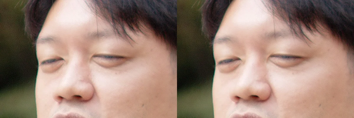 左がUltraSharpen 75、右が100。75のほうが肌のザラつきが強く、100のほうが滑らか