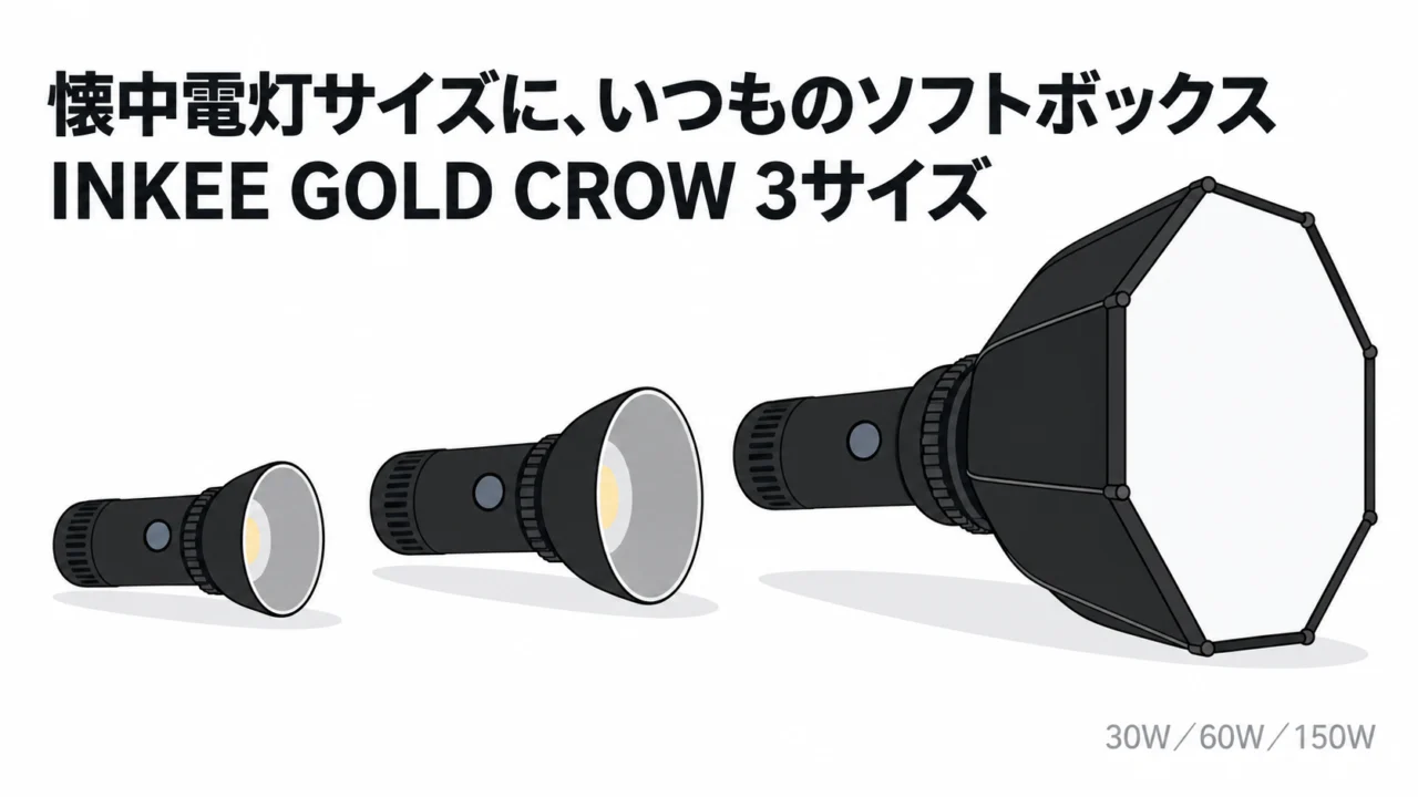 懐中電灯サイズなのにソフトボックスが付く。INKEE GOLD CROW（30W／60W／150W）はリフレクターを外すとボーエンズマウントになる｜INKEE GOLD CROW 小ネタ帳 #01