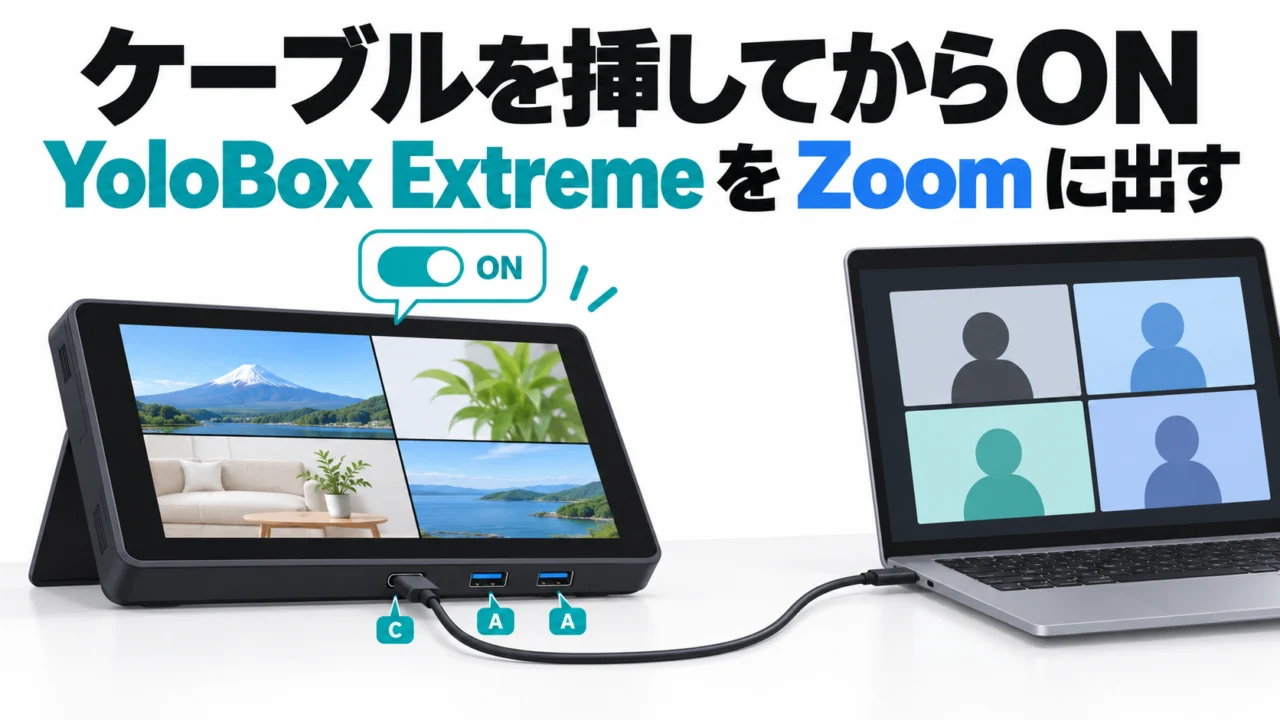 YoloBox Extreme の映像を Zoom に出す。USB-C出力は「ケーブルを挿してからON」、USBカメラと YoloDeck は A側へ（メーカーに聞いたポート割り当て）｜YoloBox Extreme 小ネタ帳 #03