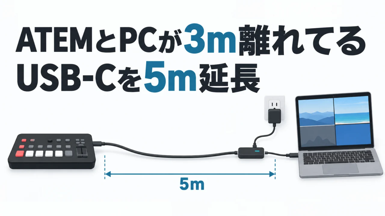 ATEM MiniとPCが3m離れていた——USB-Cを5m延長するリピーターケーブルで、OBSとGoogle Meetに映るか試した