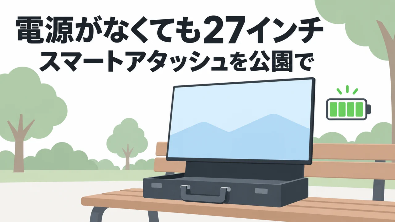 27インチの画面を山の公園で開く——スマートアタッシュはバッテリー内蔵なので、アウトドアギアになる