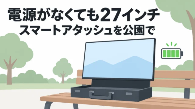 27インチの画面を山の公園で開く——スマートアタッシュはバッテリー内蔵なので、アウトドアギアになる